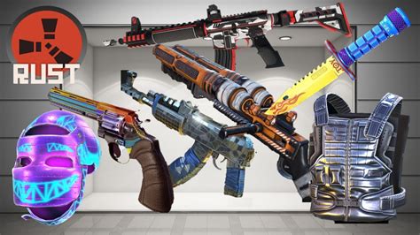 Illustration of various Rust weapons, some with skins and some without, highlighting the disparity.