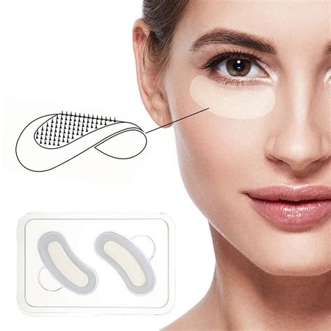 Diagram showing recommended application areas for microneedle patches (under-eye, around mouth, forehead).