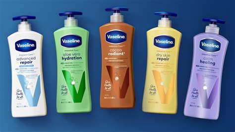 Photo collage showing different Vaseline products: jelly, lotion, cream, oil, serum.