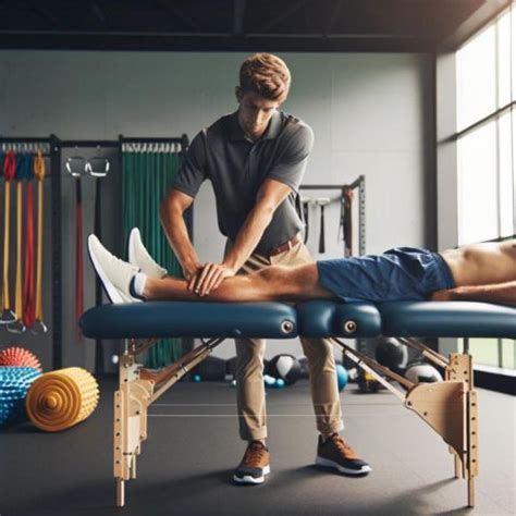 An illustration or photo depicting a sports massage therapist working on an athlete's leg.