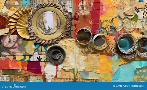 A close-up of various mixed media collage materials: textured papers, fabrics, paint tubes, gel medium, and brushes.