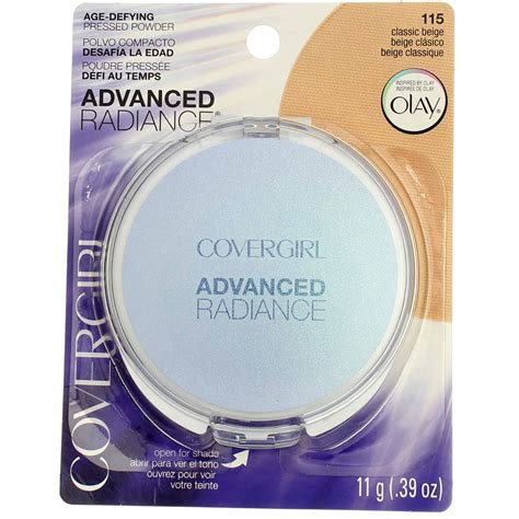 Infographic showing the breakdown of key ingredient categories in Covergirl Advanced Radiance Powder: solvents, emollients, texturizers, botanical extracts, colorants, and preservatives.