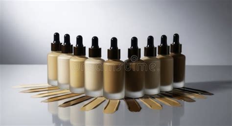A diverse collection of M∙A∙C foundation bottles and compacts showcasing various textures and shades.