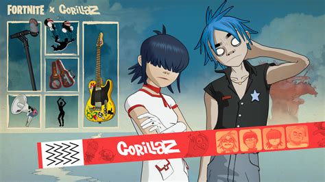 Infographic detailing the unlock progression of Gorillaz skins in the Fortnite Festival Season 10 Music Pass.