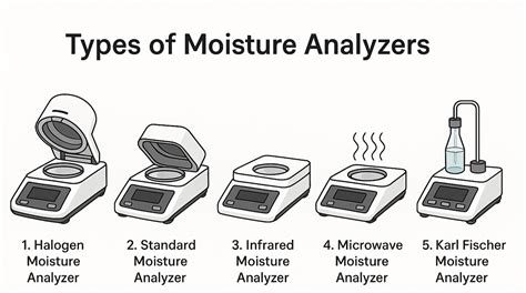 Comparison table of different types of moisture analyzers, detailing their heating methods and pros/cons.