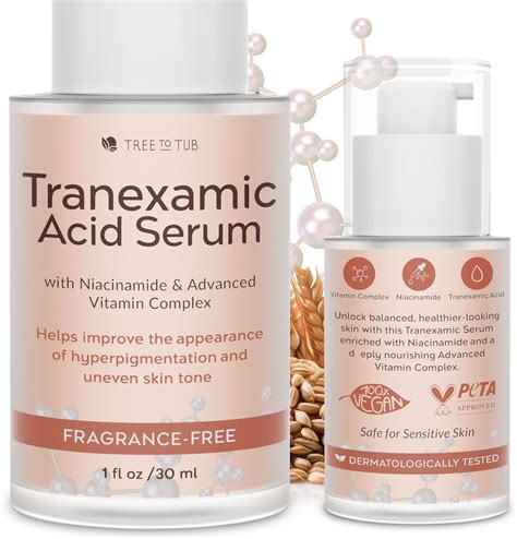 Infographic illustrating how Vitamin C and Tranexamic Acid work to reduce hyperpigmentation