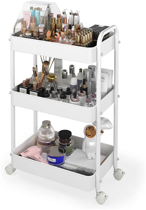A stylish rolling cart used for makeup storage.