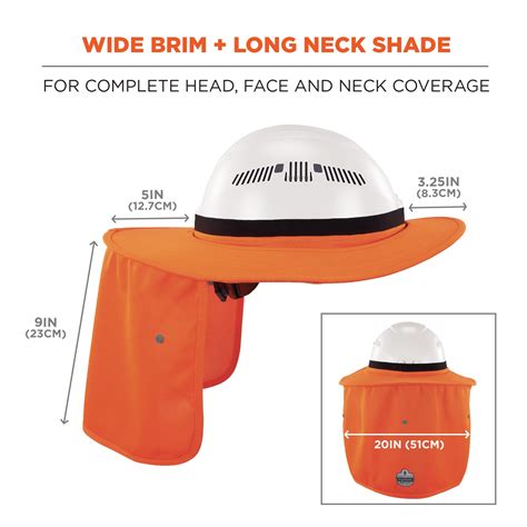 Diagram showing a hard hat with a sun shield attachment, highlighting the extended brim covering the neck and ears.