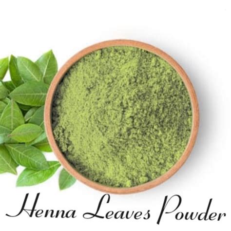 Close-up photograph of henna plant leaves and powder