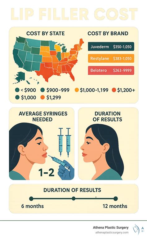Infographic illustrating the average cost range for different lip filler products and quantities in Dallas.