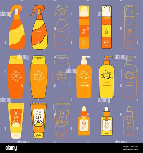 Illustration of diverse sunscreen product bottles and packaging