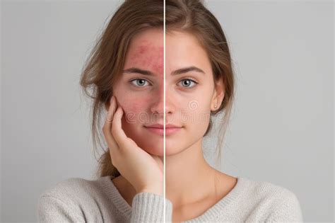 Split image: Left side shows inflamed acne; right side shows clear skin after azelaic acid treatment.