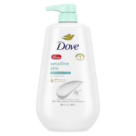 A bottle of Dove Sensitive Body Wash with a focus on its creamy texture.