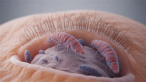 Microscopic view of Demodex mites on an eyelash.