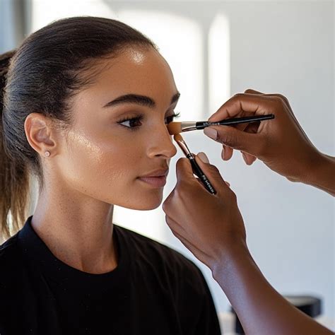 A makeup artist applying airbrush foundation to a bride's face.