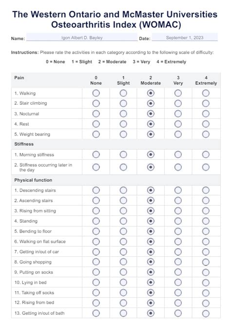 Table comparing different knee outcome scoring systems (e.g., WOMAC, KOOS, IKDC, Lysholm) and their applications.