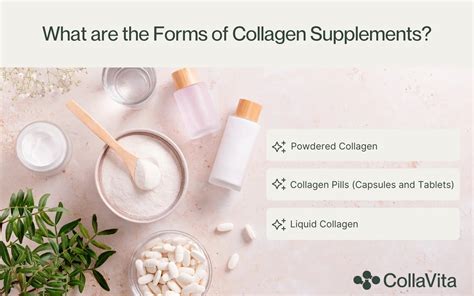 Image of various collagen supplement forms: powder, capsules, liquid.