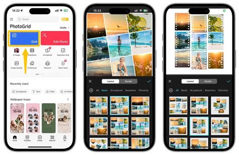 Screenshot of PhotoGrid app showing Polaroid template options