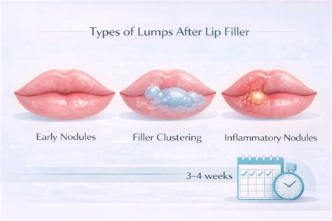 Diagram illustrating different types of lip filler lumps and nodules, showing their characteristics and potential causes.