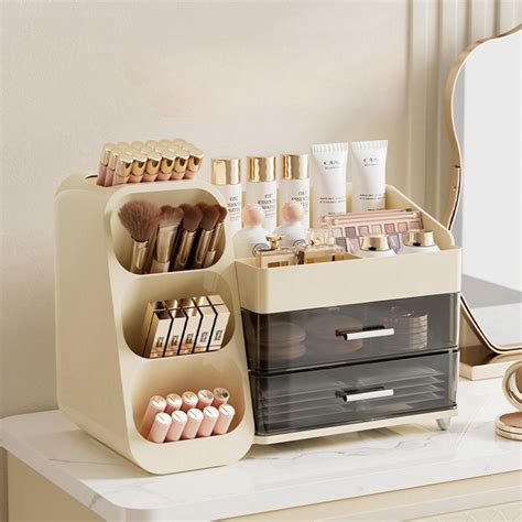 An aesthetically pleasing makeup organizer displaying various products like lipsticks, palettes, and brushes on a clean vanity.