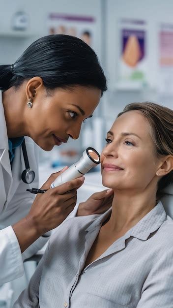A close-up of a dermatologist examining a patient's skin during a check-up.