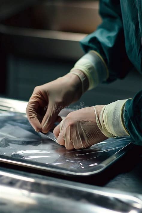A close-up of a tattoo artist's hands meticulously preparing equipment with sterile gloves and tools.