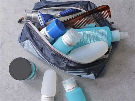 Illustration of a TSA-approved toiletries bag with travel-sized sunscreen and other essentials.