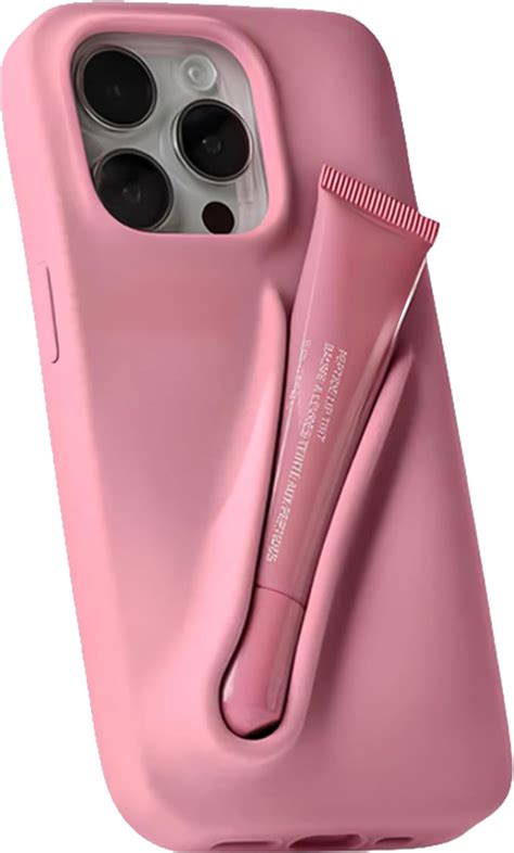 A collage of various phone cases, some featuring integrated lip gloss holders, others with decorative lip-themed designs.