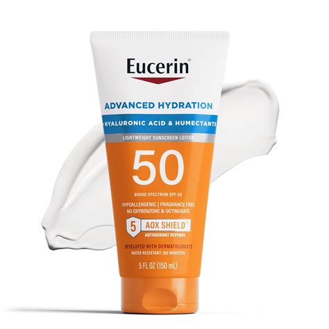Product shot of Eucerin Sun Advanced Hydration SPF 50 sunscreen lotion.