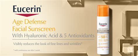 Before and after images demonstrating the anti-aging effects of Eucerin Sun Age Defense sunscreen.