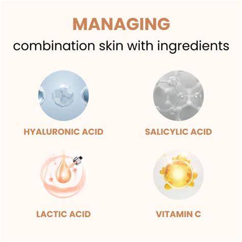 Infographic illustrating key ingredients for combination skin and their benefits.