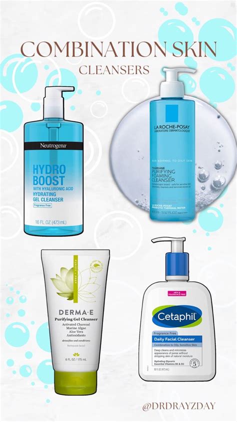 Collage of recommended facial cleansers for combination skin.