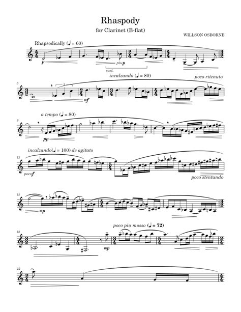Image of the sheet music for Willson Osborne's Rhapsody for Clarinet, highlighting specific Italian musical terms