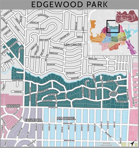 Map of Redwood City highlighting key neighborhoods and attractions like Edgewood Park.