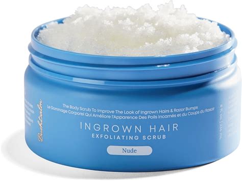 Infographic detailing the benefits of the ingrown hair exfoliating scrub, with icons for redness reduction, pore unclogging, and smoothing.