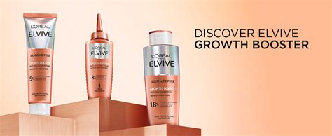 Collage of L'Oréal Paris Elvive Growth Booster Shampoo, Conditioner, and Scalp Serum bottles.