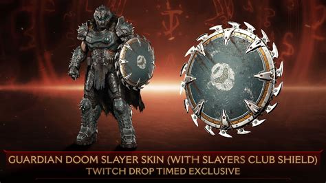 A screenshot of the Guardian Doom Slayer skin and Slayers Club Shield from Doom: The Dark Ages