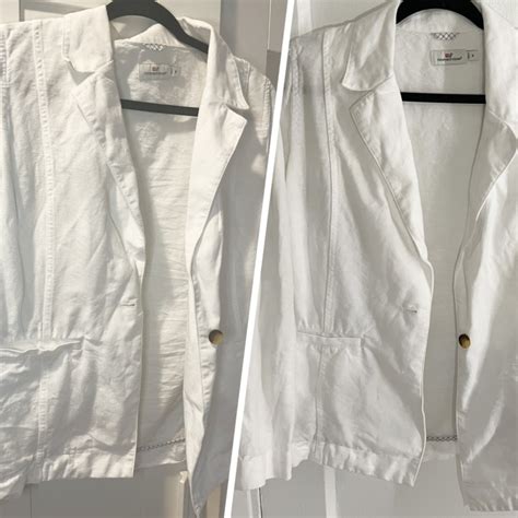 A blazer shown before and after the application of Cold Iron Wrinkle Release Spray.