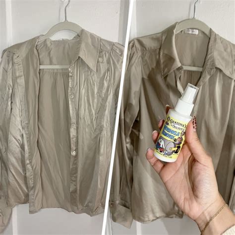 A button-down shirt shown before and after the application of Grandma's Secret Wrinkle Remover.