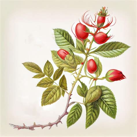 Illustration of a rosehip plant with visible fruits and seeds.