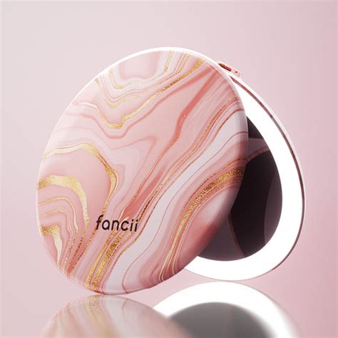 The Fancii Lighted Compact Mirror shown open to reveal the illuminated mirrors and closed in its protective pouch