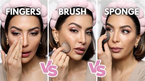 Diagram illustrating different foundation application techniques with brushes and fingers.