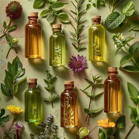 A visually appealing arrangement of various natural oils in small bottles.