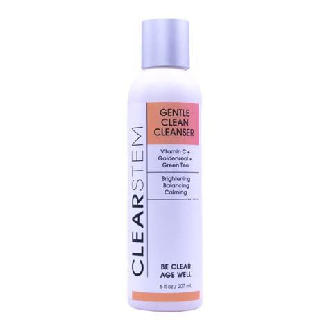 Close-up of the Clearstem GENTLECLEAN cleanser bottle with its key ingredients highlighted.
