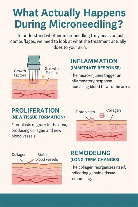 An infographic illustrating the process of microneedling, showing micro-channels being created in the skin and the subsequent healing response.