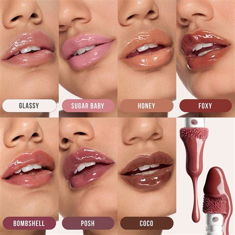 Collage of user-generated photos showing different lip looks achieved with Huda Beauty Clear Lip Gloss