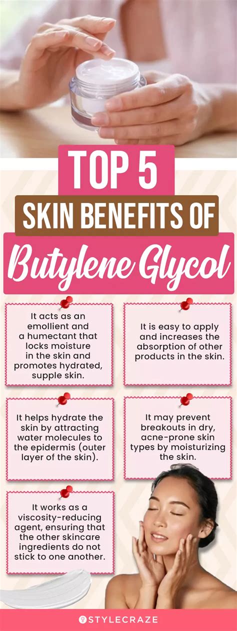 Infographic showing the different functions of Butylene Glycol in skincare: solvent, humectant, penetration enhancer, slip agent.