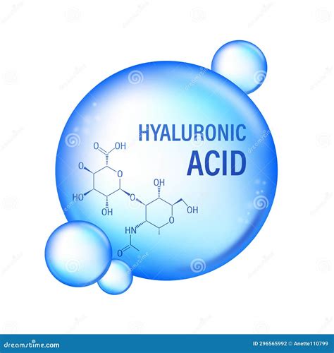 Illustration of hyaluronic acid molecule attracting water particles to skin cells