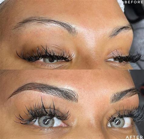 Side-by-side comparison showing before and after microblading results, highlighting the transformation to fuller, more defined brows.