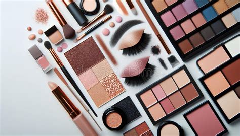 An aesthetically pleasing flat lay of various makeup palettes, brushes, and travel-sized cosmetics.